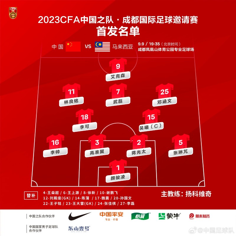 国足vs马来首发出炉：4-2-3-1，邓涵文右前卫，艾克森单箭头
