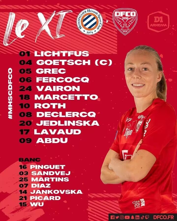 【万博足球】法国女足甲级联赛首轮第戎对阵蒙彼利埃,吴澄舒替补待命