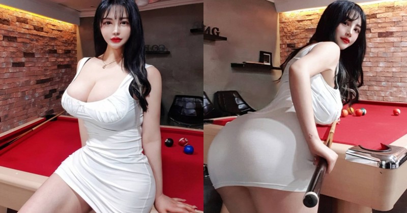 【万博娱乐】巨乳豐臀正妹「彎腰打撞球」，貼身爆乳洋裝快走光，對手根本無法專心啊！