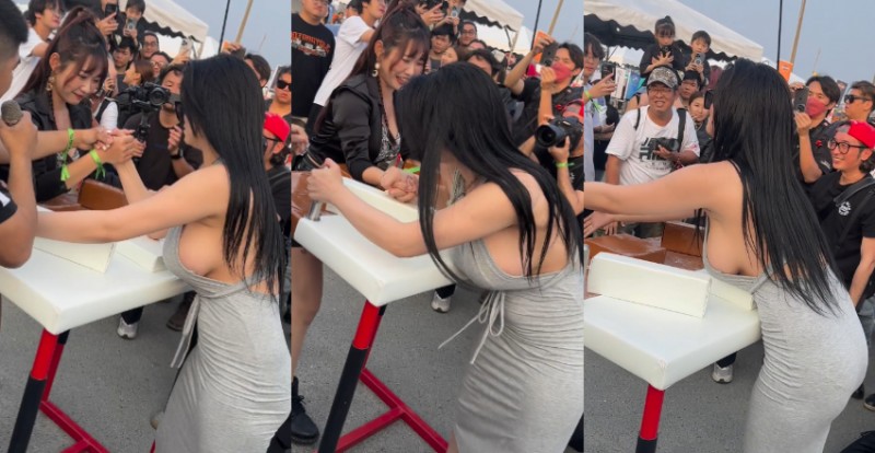 【万博娱乐】超巨側乳正妹比腕力壓倒性勝利　超大胸肌讓圍觀民眾瘋狂！