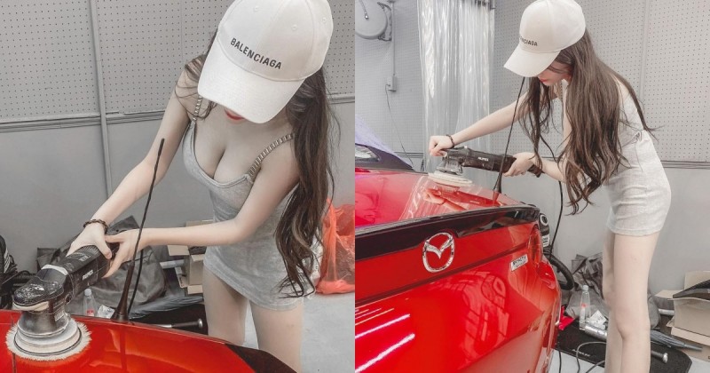 【万博娱乐】白皙長腿妹「彎腰爆乳」替汽車美容！「超火辣F奶」呼之欲出，網友大讚：想一起拋光