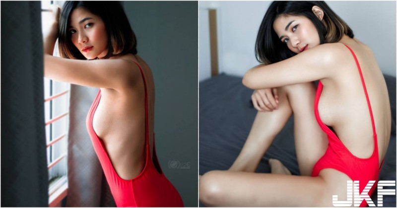 【万博娱乐】火辣側乳外露！「短髮美乳妹」火紅連身泳衣太搶眼！「大片裸背」好不客氣！