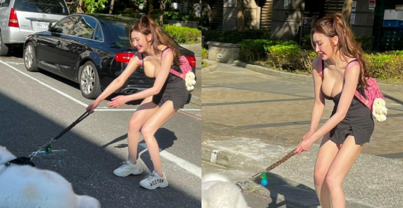 【万博娱乐】中和「巨乳長腿妹」遛狗卡斑馬線上　使出吃奶的力氣也拉不動