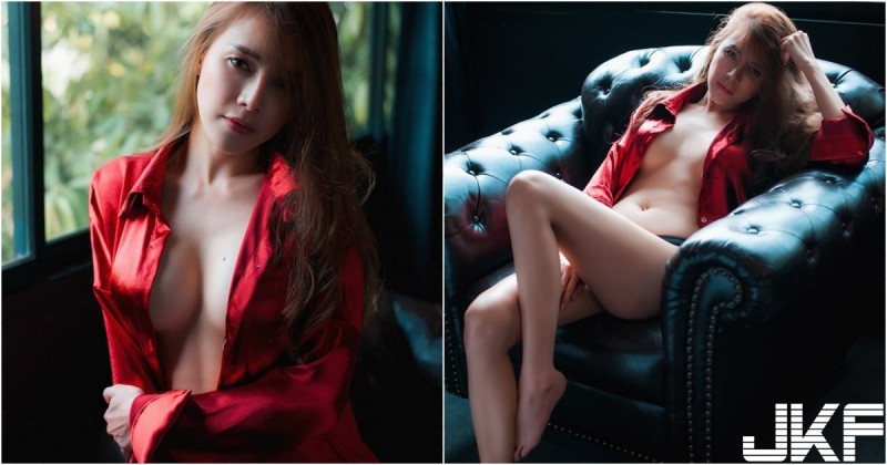 【万博娱乐】豔情誘惑！「長髮白奶妹」紅色襯衫大膽敞開，「渾圓美乳」袒露出白嫩一片！