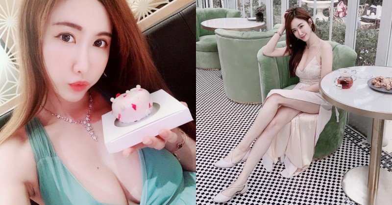【万博娱乐】吃鮮奶油蛋糕啦！氣質長腿正妹「Dora妍希」低胸禮服秀「兩球白嫩圓乳」美味滿分！