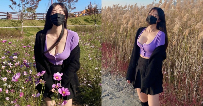 【万博娱乐】穿百褶裙賞花的「超爆乳正妹」，「不怕冷的低胸畫面」好惹火！