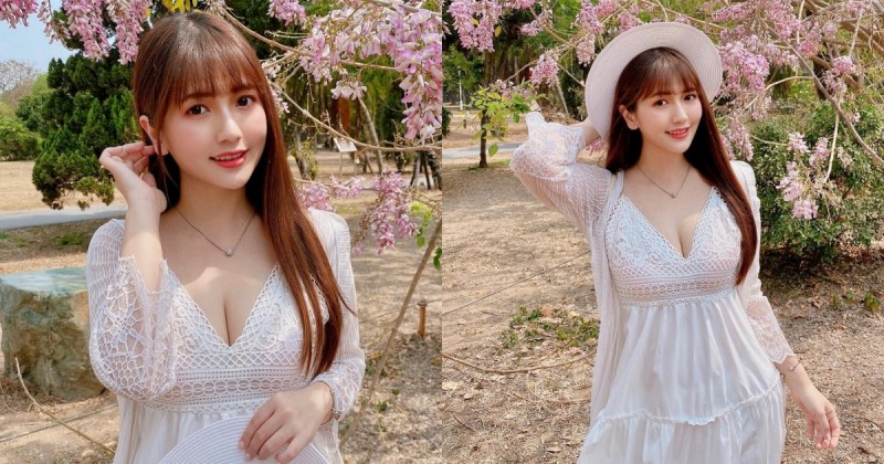 【万博娱乐】超甜美「爆乳賞櫻正妹」莫葵 Vika，「低胸蕾絲白洋裝」清純優雅還性感！